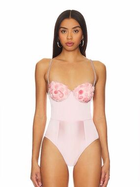 For Love And Lemons Blush Pink Satin Jeweled Bodysuit